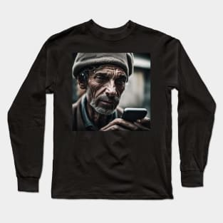 Senior Man in Black Hat Communicating Using Technology Long Sleeve T-Shirt